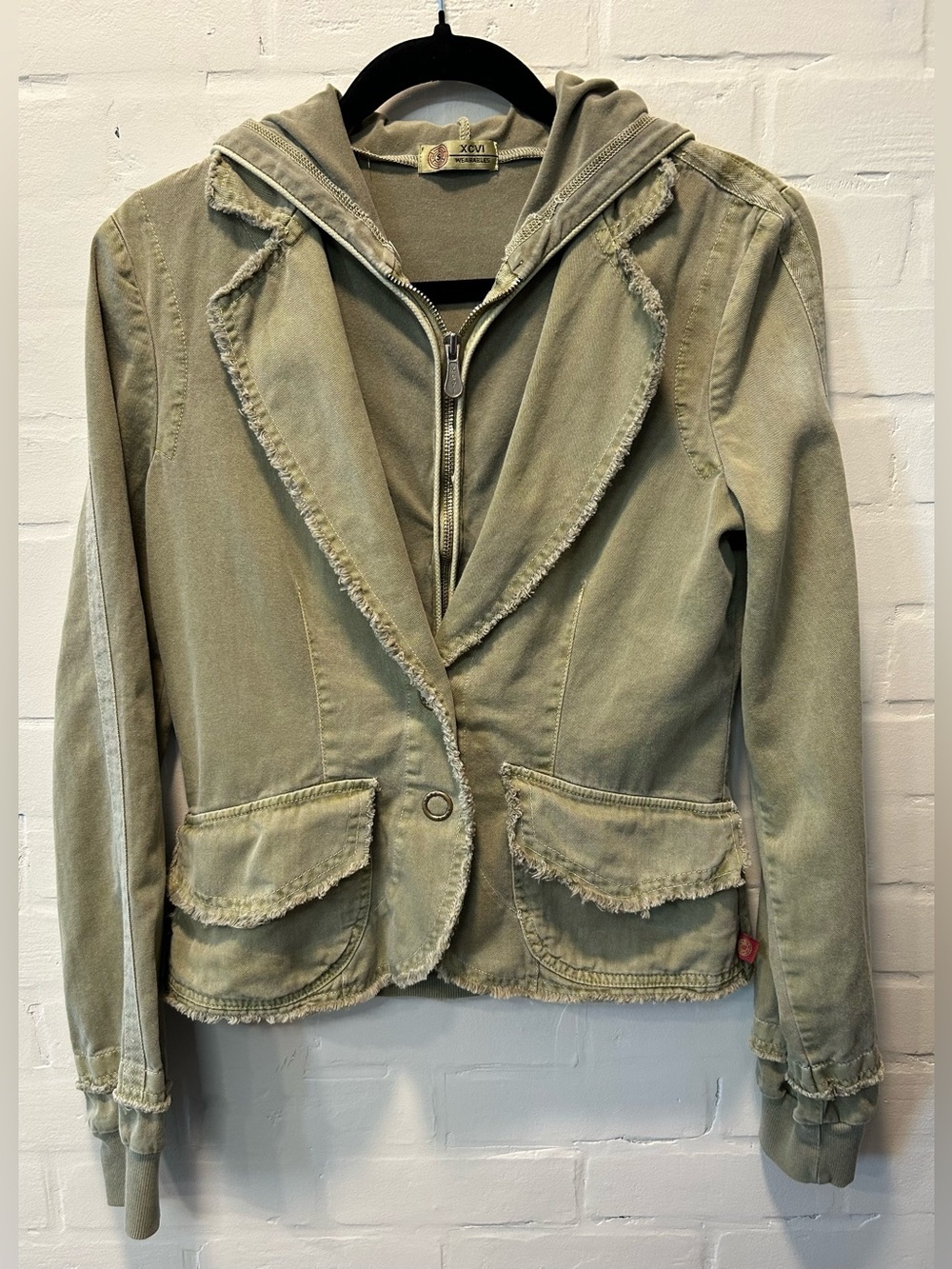 XCVI Wearables Hooded Blazer Jacket Olive Green Frayed Utility Boho Small